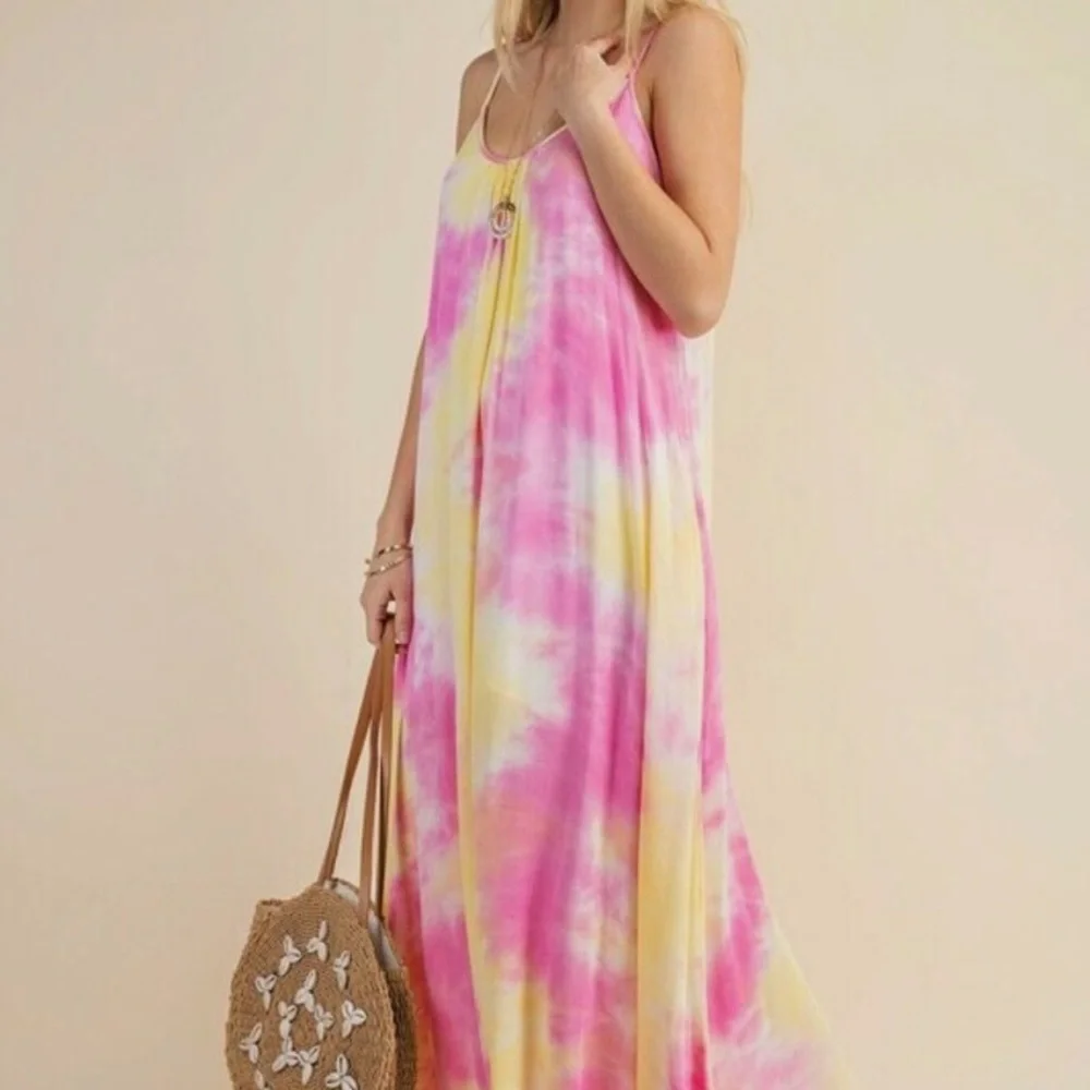 Boho Pink and Yellow Tie-Dye Maxi Dress - Picture 3 of 8